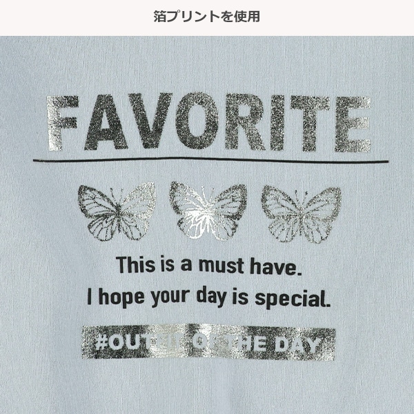 裏起毛袖ボアバタフライ箔プリントトレーナー