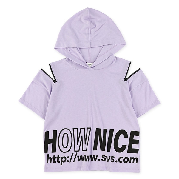 肩ファスナー裾ロゴ半袖パーカー