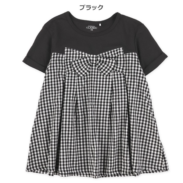胸切り替えレイヤード風りぼんチェック半袖Tシャツ