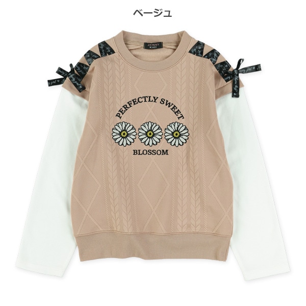 ふくれジャガード肩リボンレイヤード風長袖Tシャツ