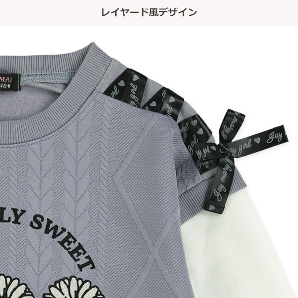 ふくれジャガード肩リボンレイヤード風長袖Tシャツ