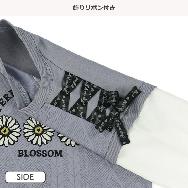 ふくれジャガード肩リボンレイヤード風長袖Tシャツ