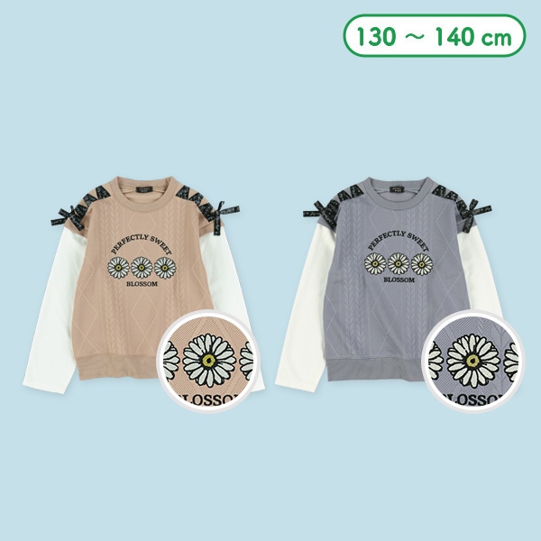 ふくれジャガード肩リボンレイヤード風長袖Tシャツ