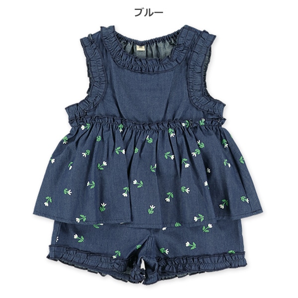 デニム花柄ノースリーブトップス&ハーフパンツセット