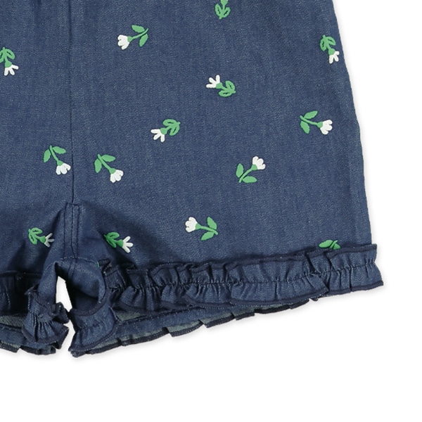デニム花柄ノースリーブトップス&ハーフパンツセット