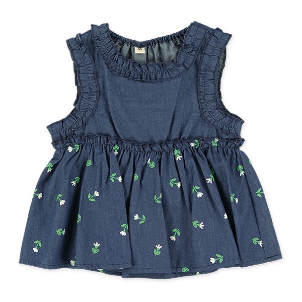 デニム花柄ノースリーブトップス&ハーフパンツセット