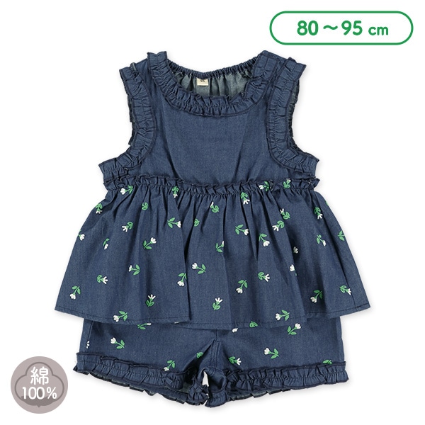 デニム花柄ノースリーブトップス&ハーフパンツセット
