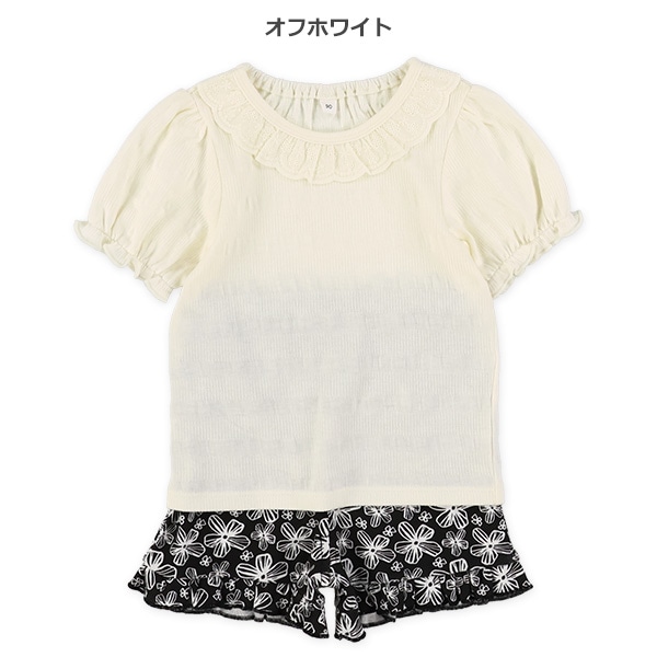 テレコ半袖Tシャツ＆花総柄パンツセット