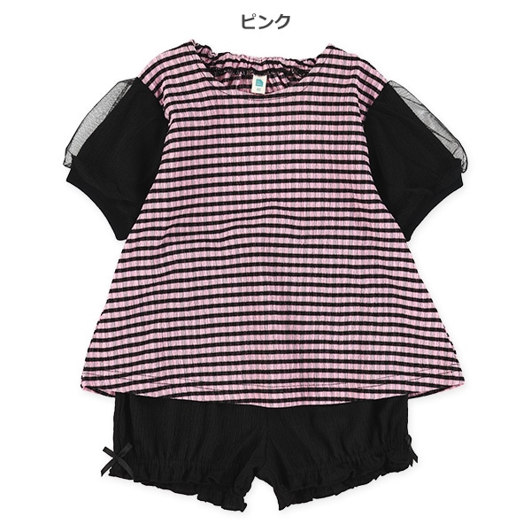 楊柳風チェック柄半袖Tシャツ&パンツセット