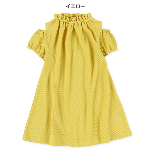 ワッフル肩開きパフスリーブワンピース