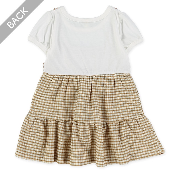 楊柳ニットチェックレイヤード風半袖ティアードワンピース