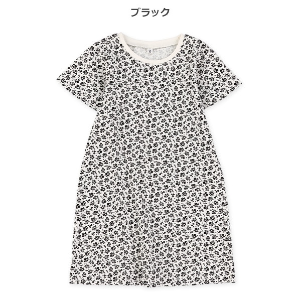 モノトーン花総柄半袖ワンピース