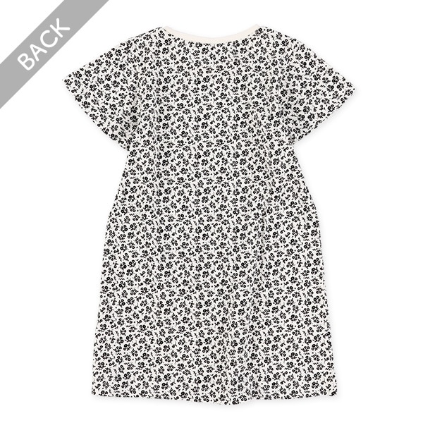 モノトーン花総柄半袖ワンピース