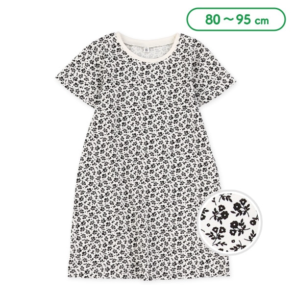 モノトーン花総柄半袖ワンピース