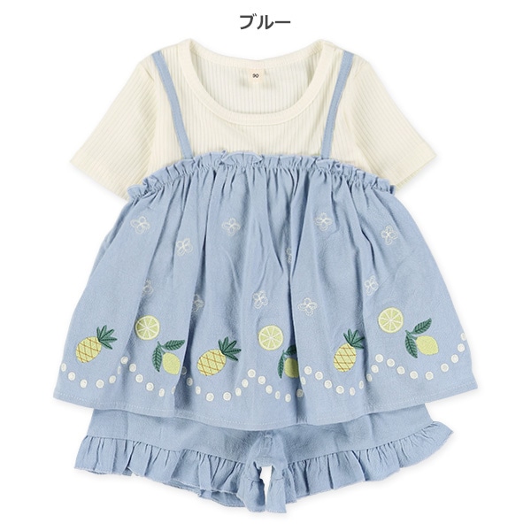 テレコ裾刺繍半袖トップス&パンツセット