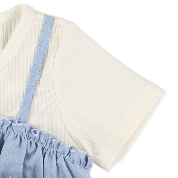 テレコ裾刺繍半袖トップス&パンツセット