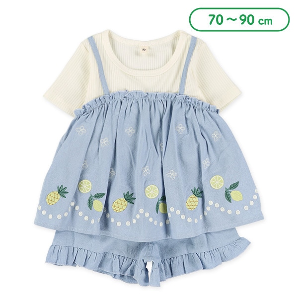 テレコ裾刺繍半袖トップス&パンツセット