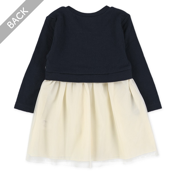 胸刺繍チュールドッキング長袖ワンピース