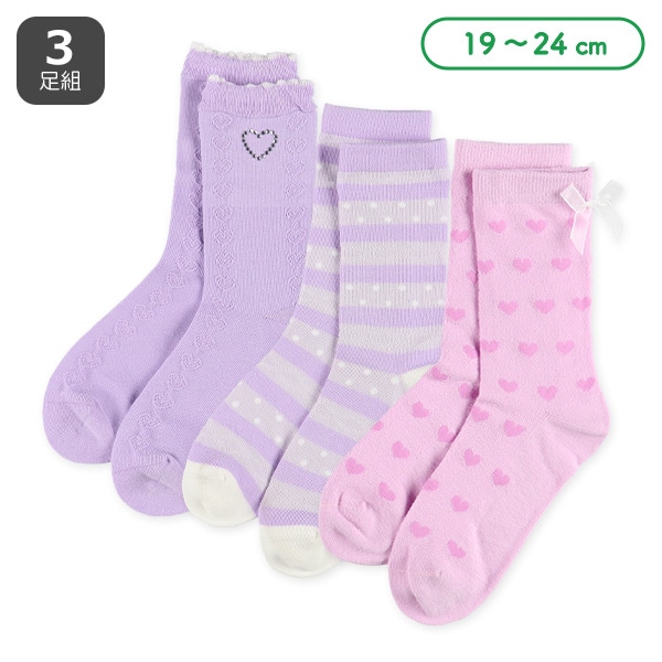 3足組スクールクルーソックス（ラインストーン・ハート）