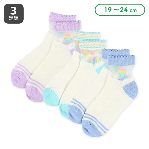 3足組スクールアンクルソックス（シアー・レインボー）