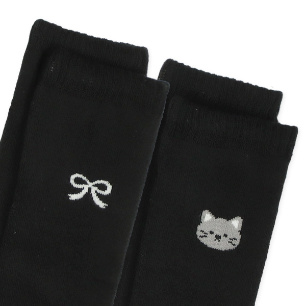 2足組あったかパイルスクールハイソックス（ねこ・リボン）