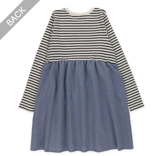 ボーダー長袖レイヤード風ダンガリーワンピース