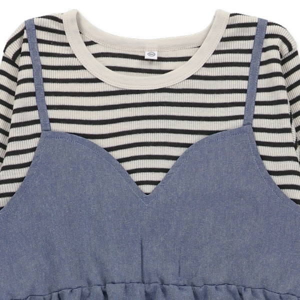 ボーダー長袖レイヤード風ダンガリーワンピース