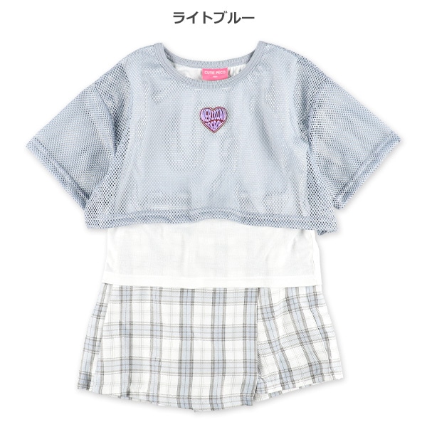 メッシュレイヤード風半袖Tシャツ&キュロットパンツセット