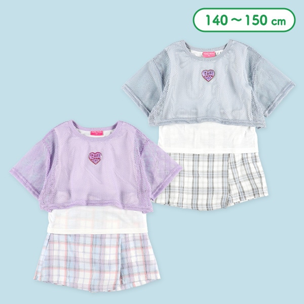 メッシュレイヤード風半袖Tシャツ&キュロットパンツセット