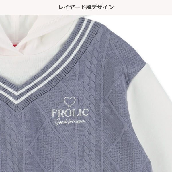 裏起毛ふくれジャガードレイヤード風フード付きトップス＆スカート