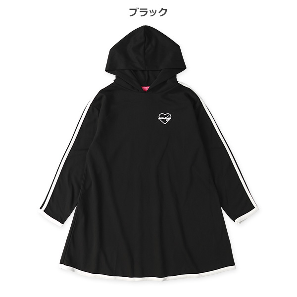フード付き袖ライン長袖ワンピース