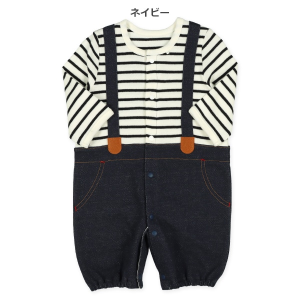 スムース切り替えボーダーサスペンダー長袖コンビドレス