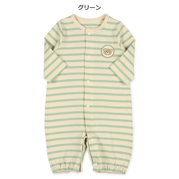 スムースボーダーくまアップリケ付き長袖コンビドレス