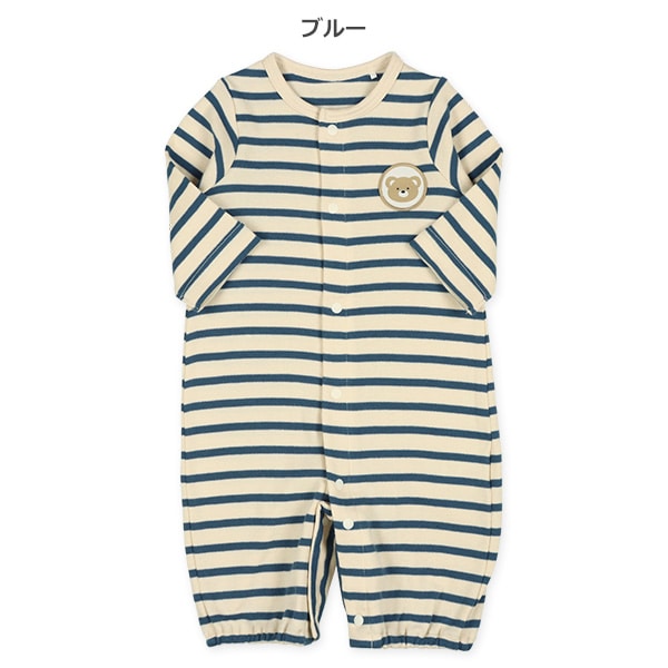 スムースボーダーくまアップリケ付き長袖コンビドレス