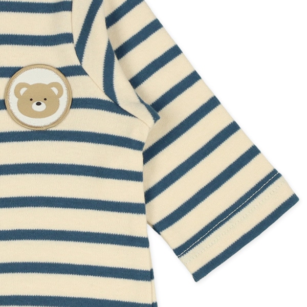 スムースボーダーくまアップリケ付き長袖コンビドレス