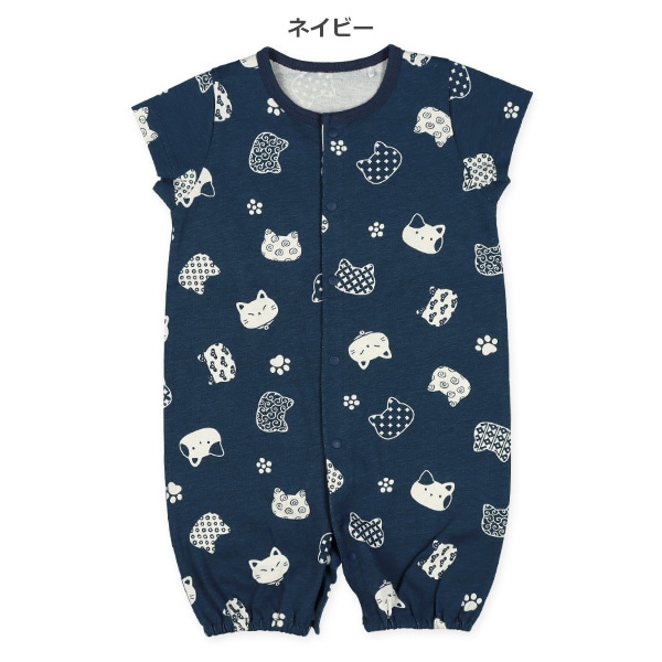 天竺和柄ねこ半袖コンビドレス