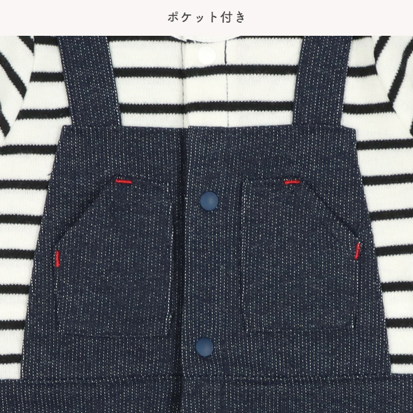 スムースボーダーデニム吊り風長袖コンビドレス
