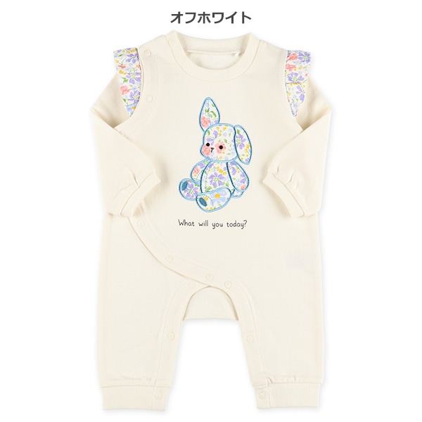 スムース花柄うさぎアップリケ長袖ロンパース