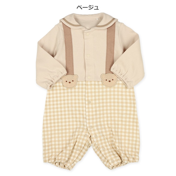 スムース襟付きギンガム吊り風長袖ロンパース