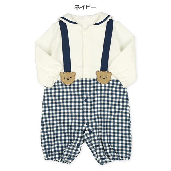 スムース襟付きギンガム吊り風長袖ロンパース