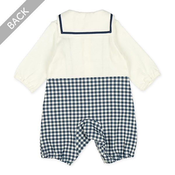 スムース襟付きギンガム吊り風長袖ロンパース
