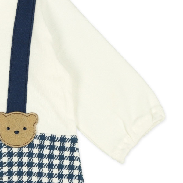 スムース襟付きギンガム吊り風長袖ロンパース