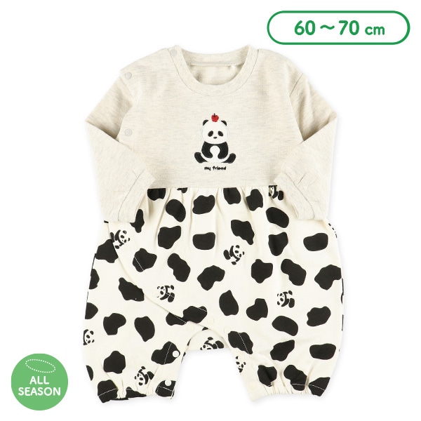 裏毛スムースパンダアップリケ長袖ロンパース