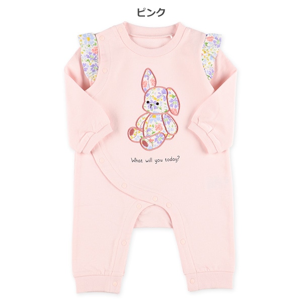 ミニ裏毛うさぎ花柄アップリケ長袖ロンパース