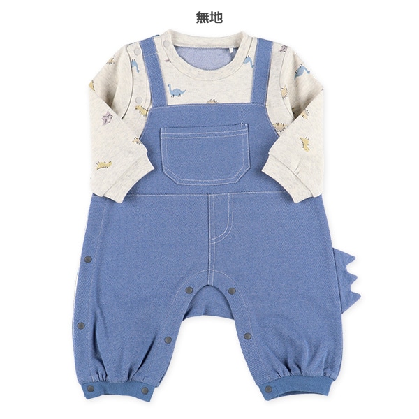 スムースデニム恐竜吊り風長袖ロンパース