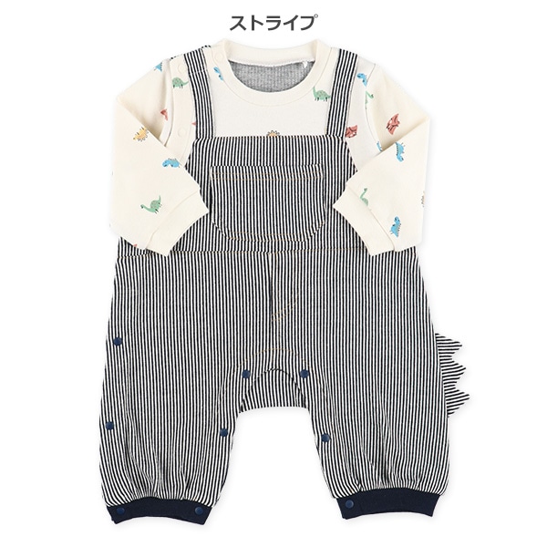 スムースデニム恐竜吊り風長袖ロンパース