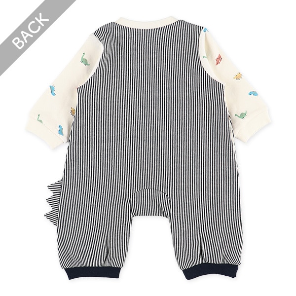 スムースデニム恐竜吊り風長袖ロンパース