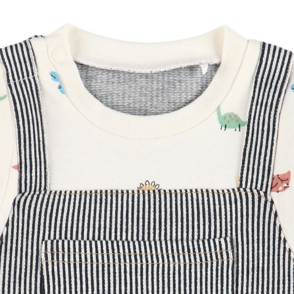 スムースデニム恐竜吊り風長袖ロンパース