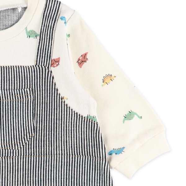 スムースデニム恐竜吊り風長袖ロンパース