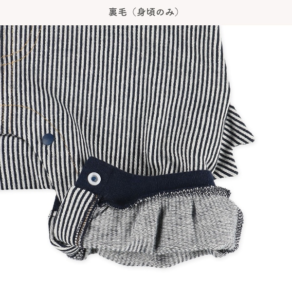 スムースデニム恐竜吊り風長袖ロンパース